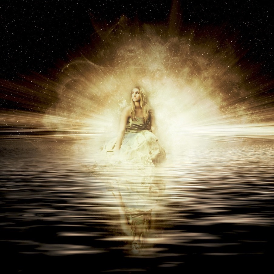 A luminous figure of a woman rising from a lake