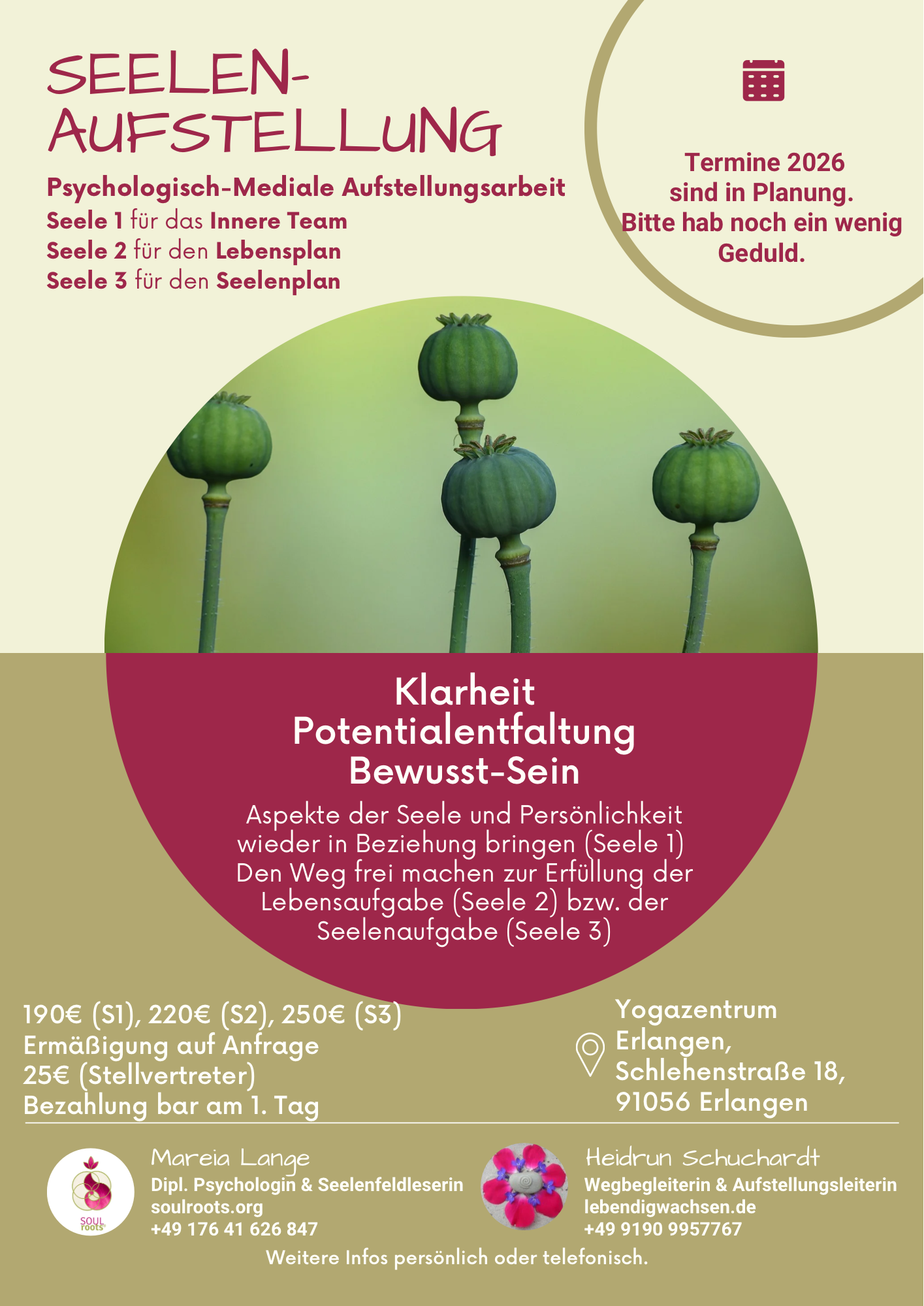 Vorderseite des Flyers zu den Seelenaufstellungen, inklusive aktueller Termine