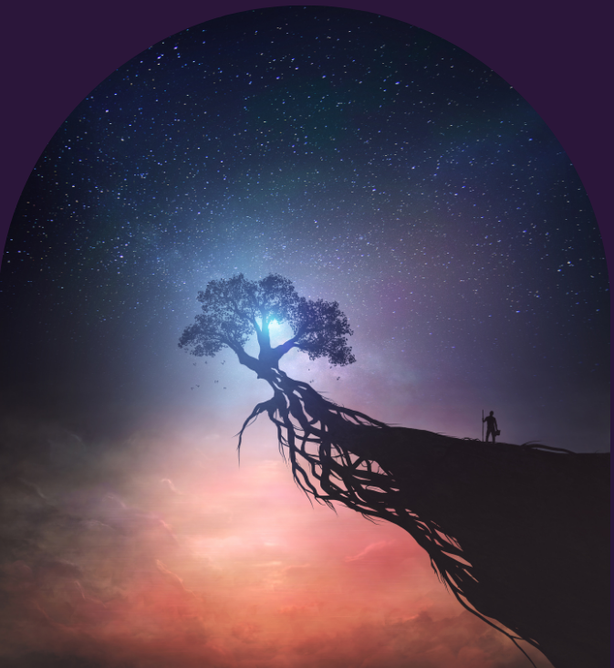Ein Mensch läuft auf den sehr langen Wurzeln eines Baumes in Richtung Sternenhimmel. In meiner Arbeit verbinde ich Erdung mit Himmlung.